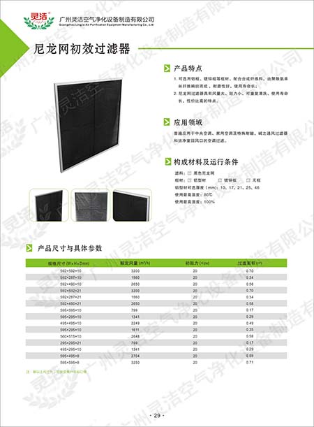 尼龍網初效過濾器特（tè）點及技術參數