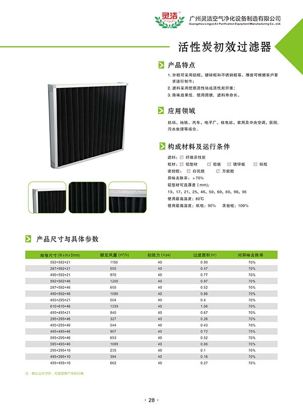 平板式活性炭初效(xiào)過(guò)濾器(qì)性能(néng)特點 平板(bǎn)式活性炭初效過濾器性能特點